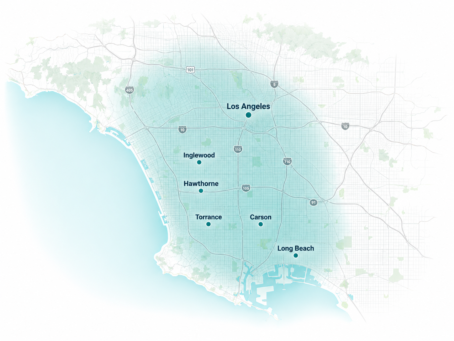 Ilustración del área aproximada de servicio: Los Ángeles, Inglewood, Hawthorne, Torrance, Carson y Long Beach, con los bordes difuminados.